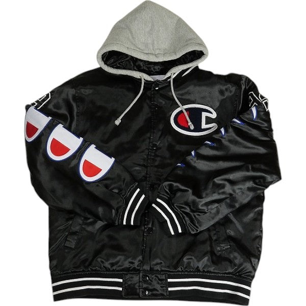 SUPREME シュプリーム ×Champion 18AW Hooded Satin Varsity Jacket Black サテンジャケット 黒 Size 【M】 【中古品-非常に良い】 20812367