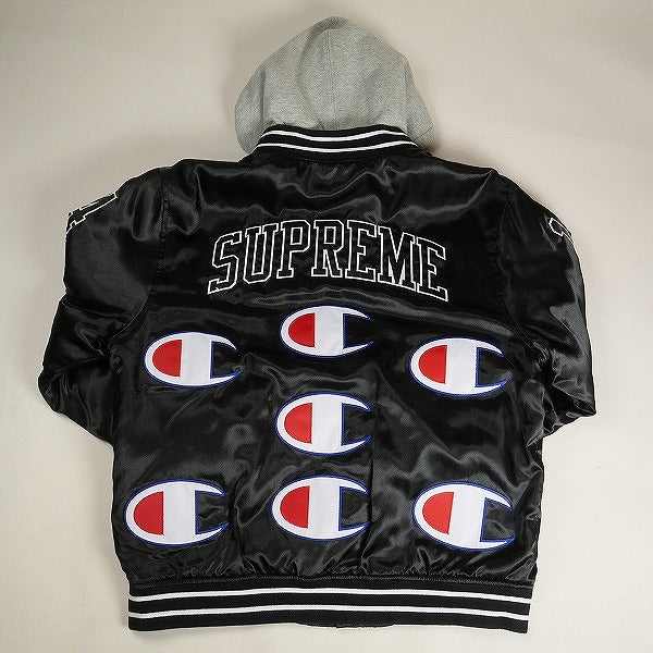 SUPREME シュプリーム ×Champion 18AW Hooded Satin Varsity Jacket Black サテンジャケット 黒 Size 【M】 【中古品-非常に良い】 20812367