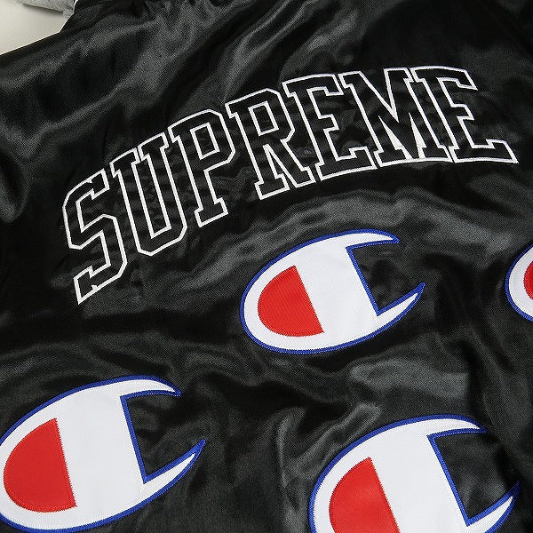 SUPREME シュプリーム ×Champion 18AW Hooded Satin Varsity Jacket Black サテンジャケット 黒 Size 【M】 【中古品-非常に良い】 20812367